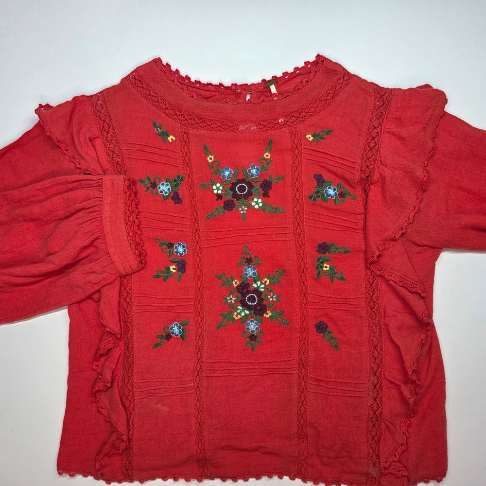 Free People Red Embroidered Lace Ruffle Cotton Blouse Top Small Boho